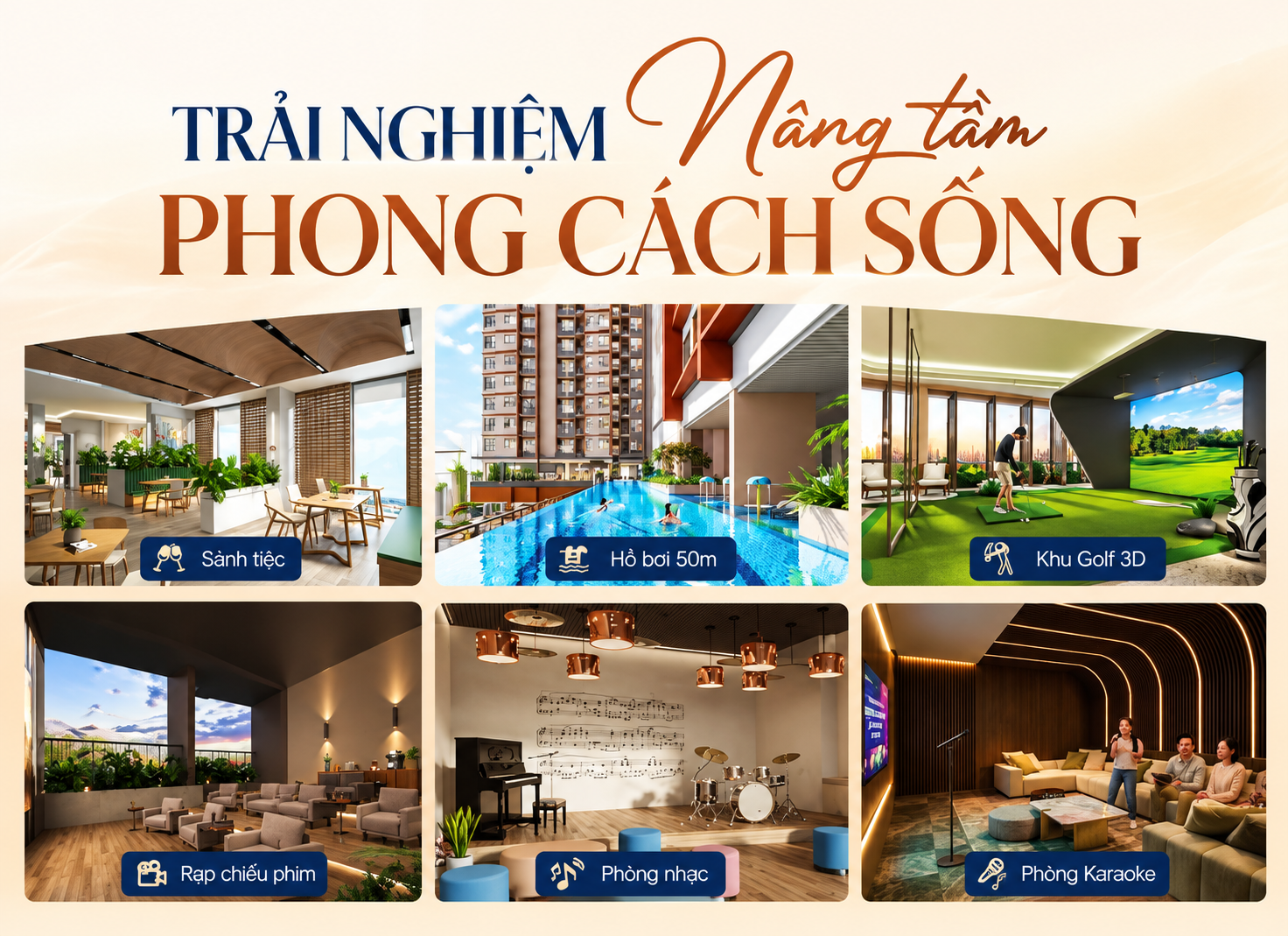 Các tiện ích nội khu nổi bật tại dự án gồm sảnh tiệc, hồ bơi 50m, khu Golf 3D, rạp chiếu phim, phòng nhạc và phòng Karaoke.