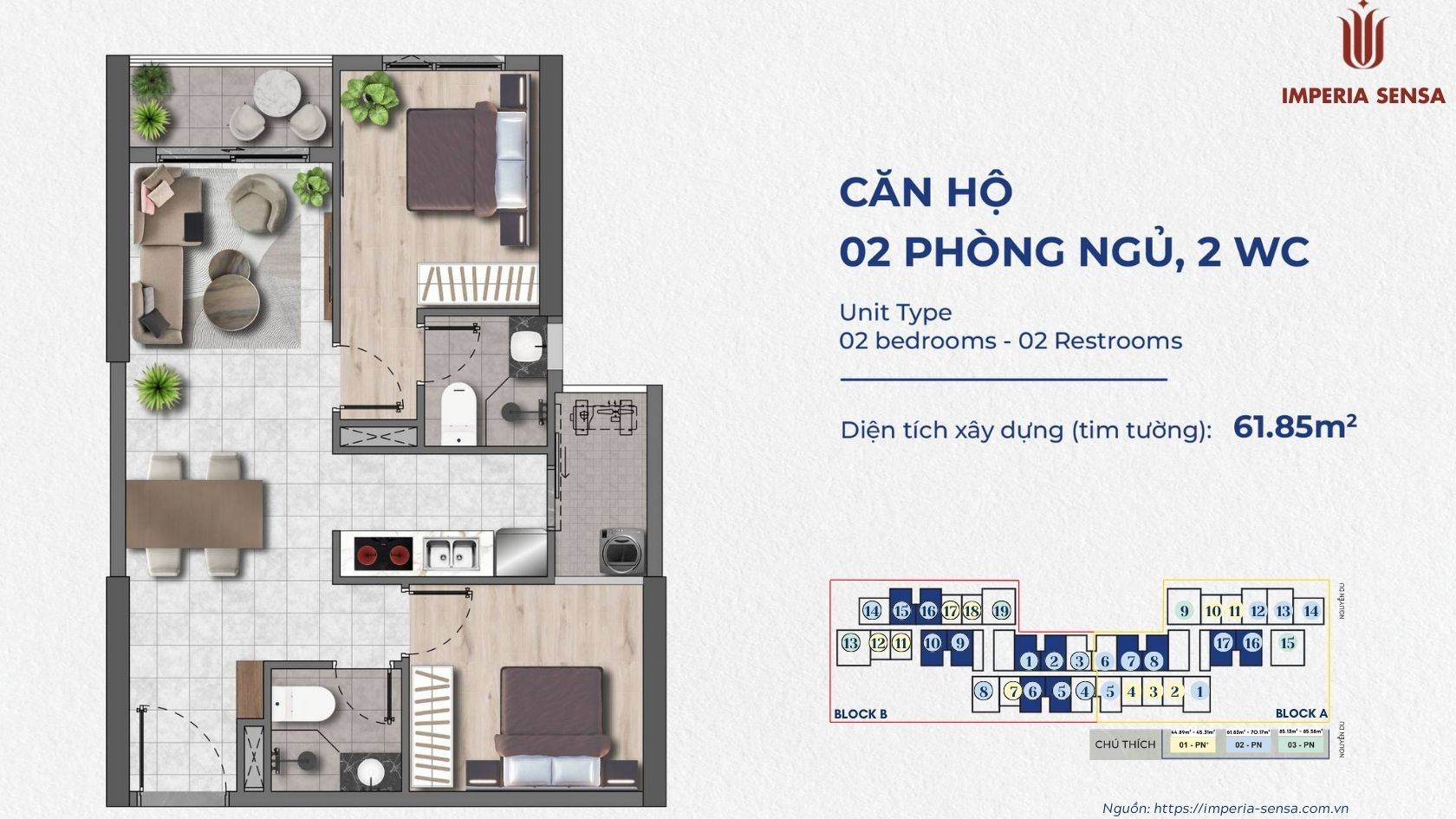 Căn 2PN Imperia Sensa Park cho gia đình nhỏ