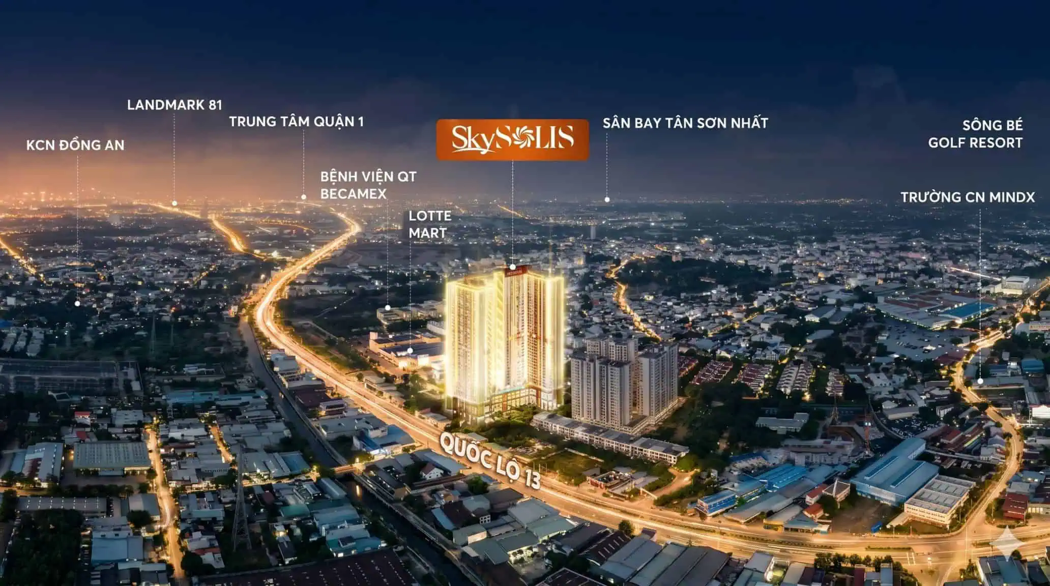 Phối cảnh vị trí dự án Sky Solis trên Đại lộ Bình Dương và các địa điểm kết nối xung quanh