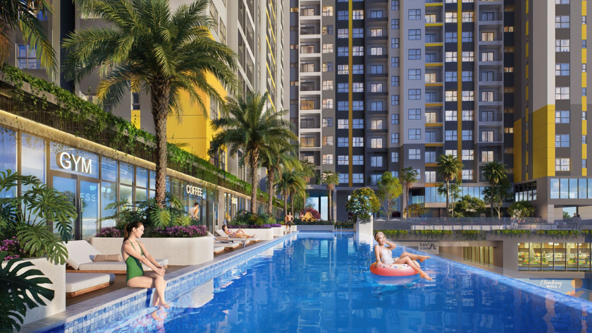 Hình ảnh minh họa tiện ích hồ bơi tại Bcons Centre Park, làm nổi bật không gian thư giãn ngoài trời, cảnh quan xanh và khu vực sinh hoạt dành cho cư dân. Hình ảnh phù hợp sử dụng trong bài viết giới thiệu tiện ích và môi trường sống tại dự án.