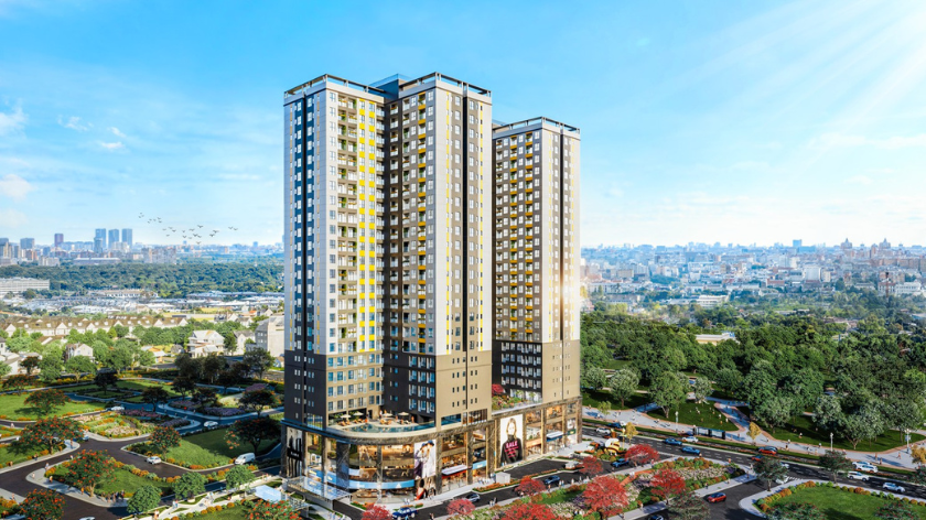 Hình ảnh phối cảnh dự án Bcons City với các tòa căn hộ cao tầng, kiến trúc hiện đại, khối đế bố trí khu thương mại dịch vụ và không gian cảnh quan xanh. Hình ảnh phù hợp sử dụng trong bài viết giới thiệu dự án, phân tích tiện ích, vị trí và tiềm năng an cư của Bcons City.