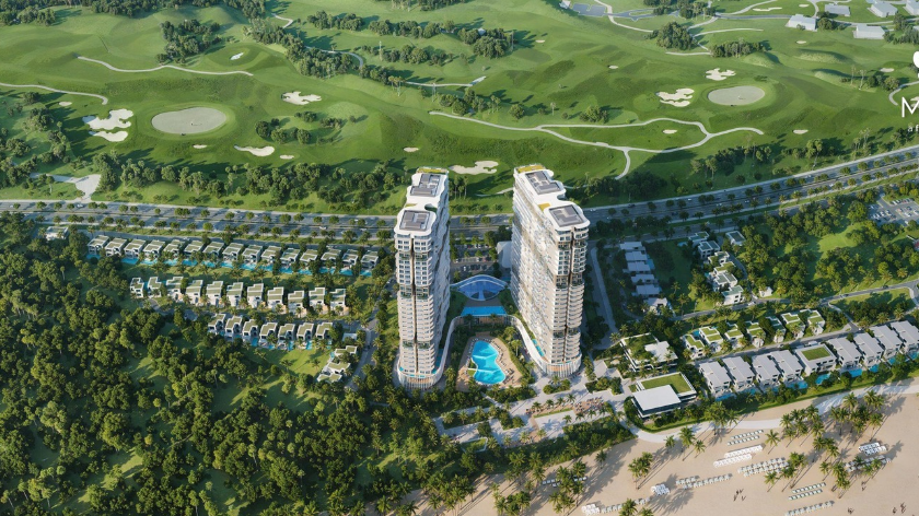 Phối cảnh trên cao dự án Maia Resort Hồ Tràm, thể hiện các tòa căn hộ, biệt thự, hồ bơi và không gian cảnh quan. Hình ảnh hỗ trợ nội dung phân tích các đặc điểm tài sản trước khi mua.