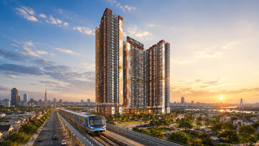 Hình ảnh phối cảnh tổng thể dự án SkySOLIS với các tòa căn hộ cao tầng, cảnh quan cây xanh, tuyến đường giao thông và hệ thống đường sắt đô thị trong bối cảnh thành phố lúc hoàng hôn. Hình ảnh minh họa diện mạo kiến trúc và không gian đô thị xung quanh dự án.