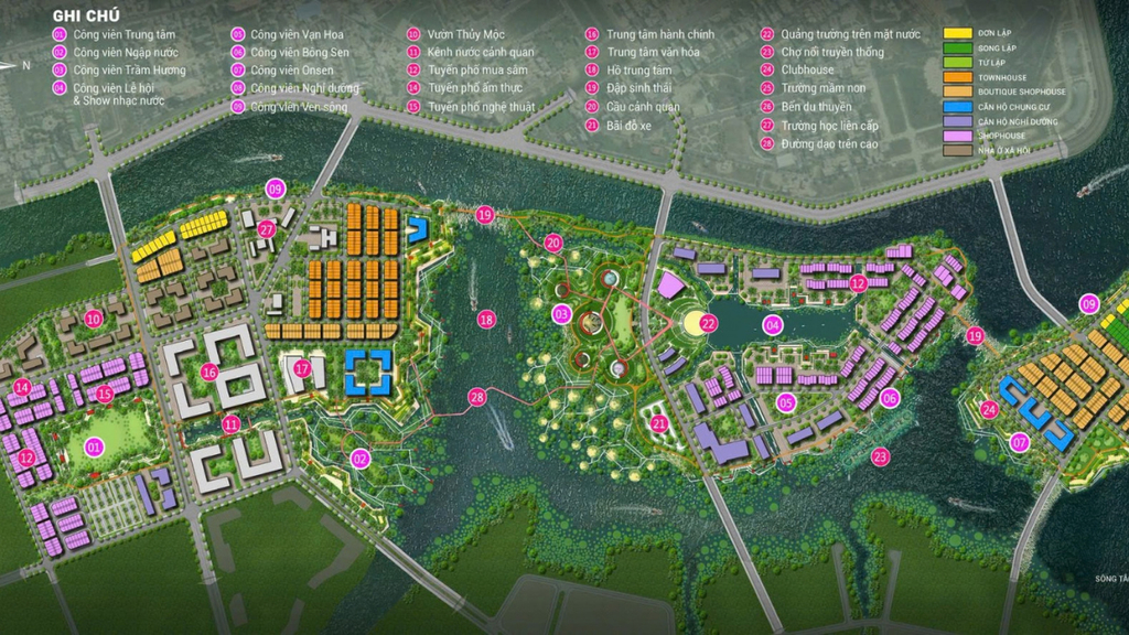 ình ảnh mặt bằng quy hoạch Charmora City với hệ thống sông, mặt nước, công viên, khu ở, trung tâm hành chính, quảng trường, trường học và các tuyến giao thông được bố trí trong tổng thể đô thị.