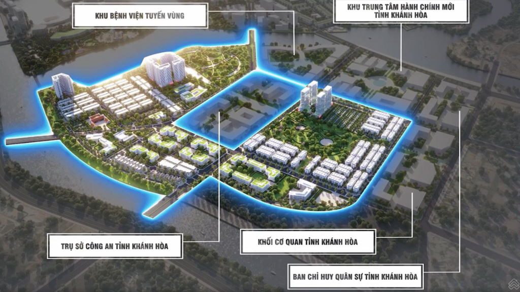 Hình ảnh phối cảnh từ trên cao thể hiện khu đô thị Charmora City với các phân khu chức năng, cảnh quan cây xanh và hệ thống sông nước. Hình ảnh chú thích các khu vực như bệnh viện tuyến vùng, trung tâm hành chính mới tỉnh Khánh Hòa, trụ sở Công an tỉnh, khối cơ quan tỉnh và Ban Chỉ huy Quân sự tỉnh. Đây là hình ảnh minh họa quy hoạch, cần đối chiếu thông tin với nguồn công bố chính thức trước khi sử dụng để khẳng định vị trí hoặc tình trạng triển khai.