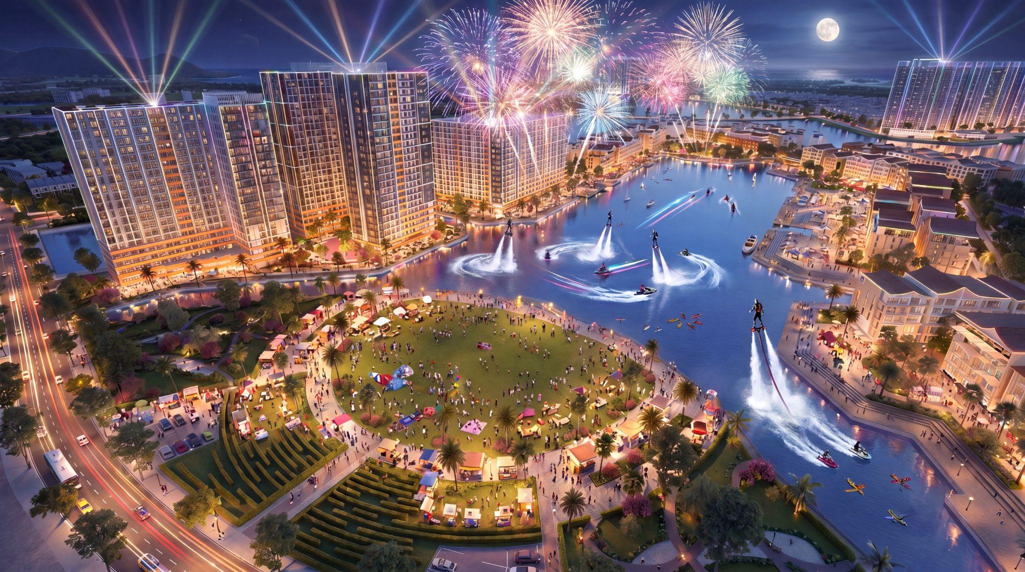 Phối cảnh sân khấu mặt nước và tiện ích giải trí tại Charmora City