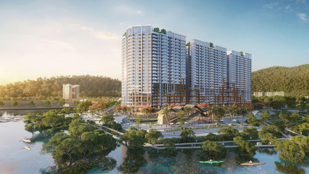 Hình ảnh phối cảnh khu căn hộ tại Sun Charmora City với các tòa nhà cao tầng, không gian cảnh quan xanh, mặt nước và khu vực sinh hoạt ngoài trời, minh họa cho định hướng phát triển không gian ở gắn với thiên nhiên và mặt nước.