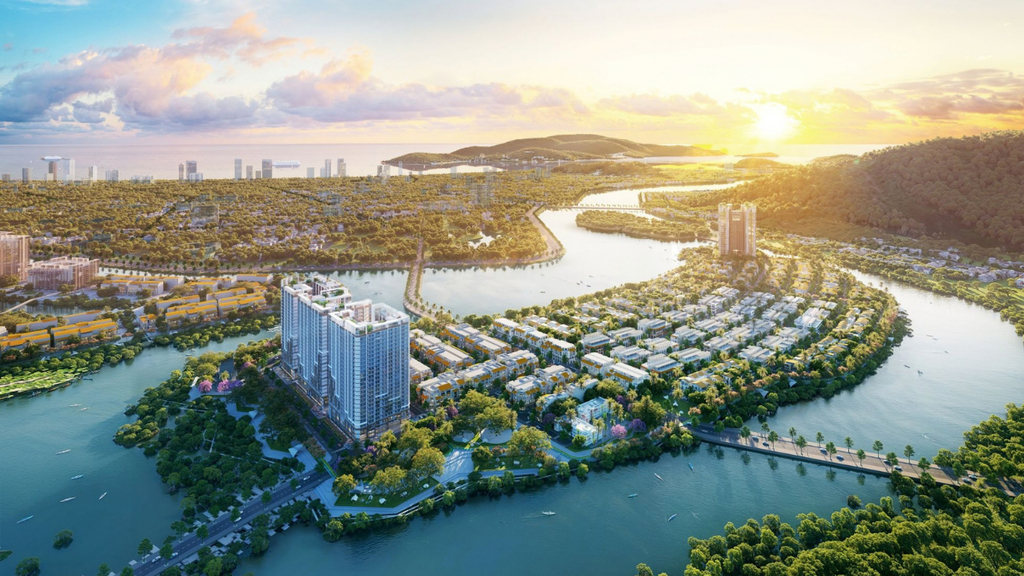 Hình ảnh phối cảnh tổng thể Sun Charmora City thể hiện các khu đô thị được tổ chức giữa hệ thống sông, hồ và không gian xanh, minh họa cho định hướng quy hoạch 3 đảo và mô hình đô thị gắn với mặt nước.