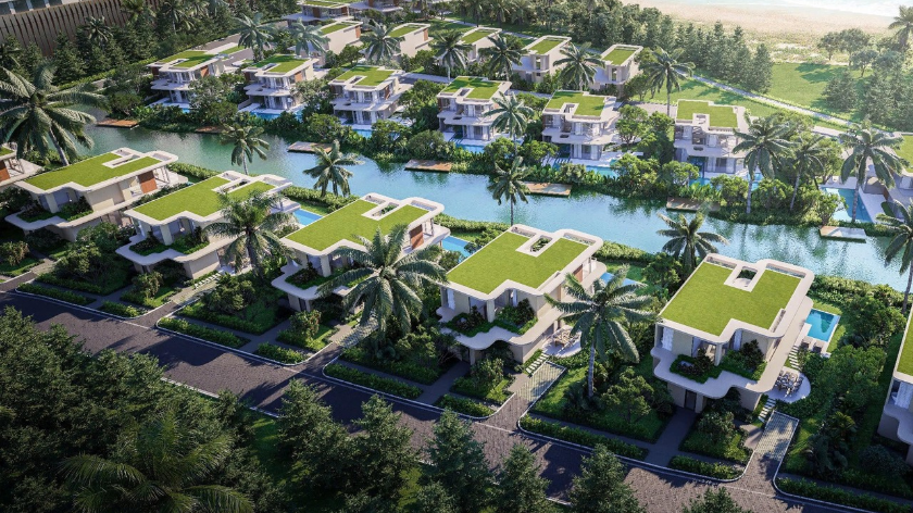 Phối cảnh các biệt thự tại Maia Resort Hồ Tràm với hồ bơi và cảnh quan xanh, minh họa cho việc xem xét chất lượng tài sản và mục tiêu đầu tư dài hạn. Hình ảnh không hàm ý dự án có thanh khoản hoặc lợi nhuận được bảo đảm.