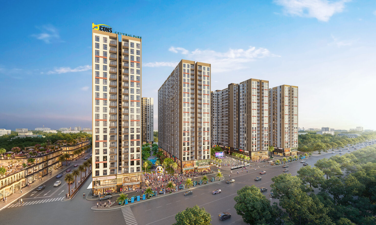 Tiện ích Bcons Central Park trong phối cảnh tổng thể các block căn hộ và khu thương mại tại Biên Hòa.