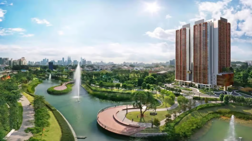 Hình ảnh phối cảnh tổng thể dự án SkySOLIS, thể hiện các tòa căn hộ bên cạnh cảnh quan cây xanh, hồ nước, đài phun nước và lối dạo bộ. Không gian được minh họa theo hướng kết hợp kiến trúc hiện đại với cảnh quan ngoài trời, tạo thêm góc nhìn về môi trường sống và các tiện ích cảnh quan của dự án.
