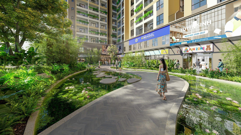 Hình ảnh phối cảnh không gian cảnh quan tại Bcons Central Park, nổi bật với lối đi bộ, cây xanh, hồ cảnh quan và khu vực thư giãn ngoài trời. Phía sau là các khối nhà kết hợp khu vực thương mại, dịch vụ. Hình ảnh minh họa định hướng thiết kế không gian sống xanh và tiện ích dành cho cư dân, hỗ trợ người đọc tìm hiểu tổng quan tiện ích Bcons Central Park.Sao chép