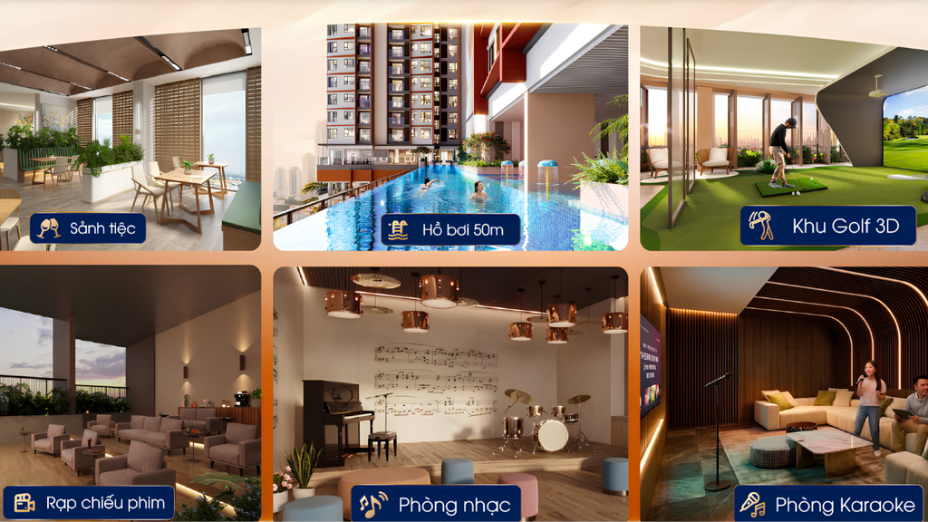 Hình ảnh tổng hợp các tiện ích nội khu căn hộ, bao gồm sảnh tiệc, hồ bơi dài 50m, khu Golf 3D, rạp chiếu phim, phòng nhạc và phòng karaoke. Thiết kế hướng đến nhu cầu thư giãn, giải trí và sinh hoạt của cư dân. Hình ảnh phù hợp minh họa cho bài viết giới thiệu tiện ích dự án căn hộ.