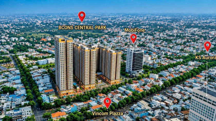 Hình ảnh phối cảnh từ trên cao của Bcons Central Park và khu vực đô thị xung quanh. Các vị trí Vincom Plaza, MobiFone và KS Aurora được đánh dấu để minh họa mối liên hệ giữa dự án với những địa điểm lân cận. Hình ảnh hỗ trợ người đọc hình dung bối cảnh khu vực khi tìm hiểu vị trí Bcons Central Park và khả năng kết nối tiện ích. Vị trí cụ thể và khoảng cách thực tế cần được kiểm tra trên bản đồ trước khi công bố.