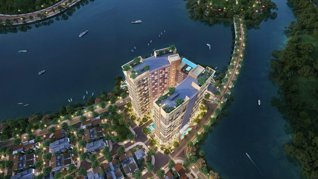 Hình ảnh phối cảnh trên cao thể hiện khu căn hộ ven sông tại Charmora City, bao quanh bởi hệ thống mặt nước, tuyến đường ven sông và không gian cảnh quan xanh, minh họa cho định hướng phát triển đô thị gắn với thiên nhiên và mặt nước.