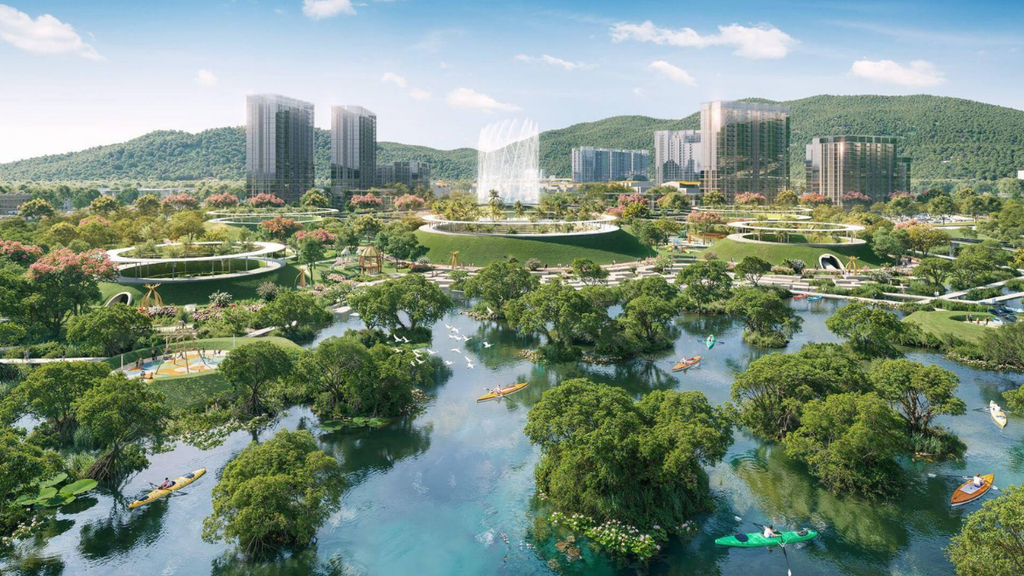 Hình ảnh phối cảnh Sun Charmora City thể hiện không gian đô thị gắn với mặt nước, công viên và cảnh quan xanh, minh họa cho định hướng quy hoạch và cấu trúc không gian của dự án.